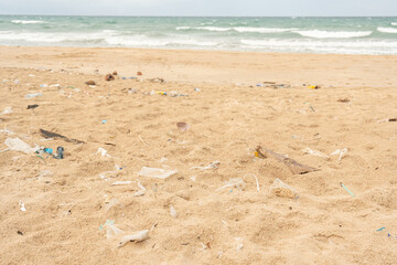 Sri Lanka, Bottles of plastic and garbage on the sand on the beach near the ocean, sea pollution...