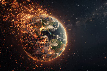 Fototapeta premium Global warming and mass extinction engulfing half of Earth in flames.