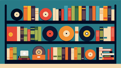 Shelves upon shelves of vinyl records line the walls organized by genre and year. Vector illustration