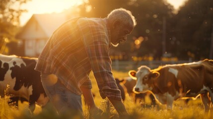 Elderly Farmer Tending to Cows