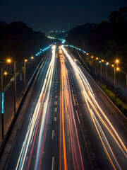 Highway Lights, Long Exposure Image Depicting the Blur of Traffic on an Illuminated Roadway After Dark