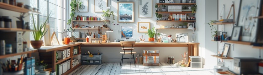 A room with a desk and a chair, and a lot of books and other items on shelves