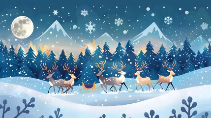 Reindeer pulling a sleigh through a moonlit winter wonderland
