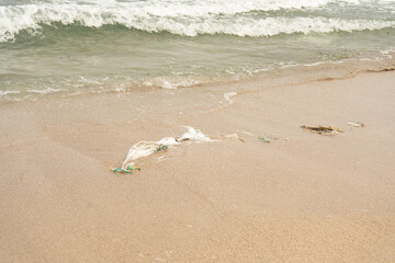 Sri Lanka, Bottles of plastic and garbage on the sand on the beach near the ocean, sea pollution catastrophe.