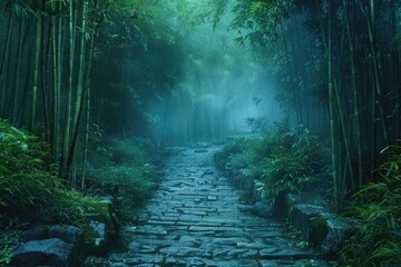 Enchanting Green Forest Path: Nature Scene with Dark Fantasy Atmosphere, Zen Bamboo Garden, and...