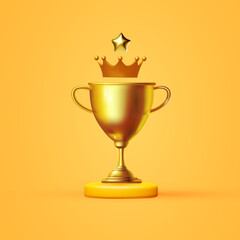 3D winners cup with crown. Trophy cup. Vector award nomination background.