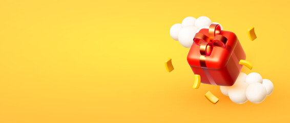 3D flying gift box. Bonus, sale, birthday and special offer banner.