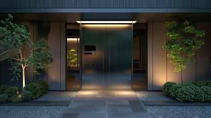 Fototapeta premium Sleek entrance with a minimalist steel door and a smart climate control vestibule