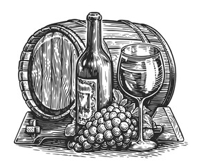 Bottle and glass of wine with bunch of ripe grapes. Hand drawn sketch clipart illustration for restaurant menu