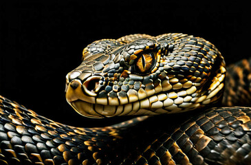 Fototapeta premium Snake with beautiful brown skin texture on a black background. Head of a snake.