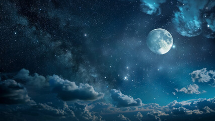 Photo of the night sky with clouds, stars, the moon and the milky way. 