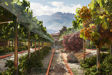 Italian vineyard estate in the future, with AI-driven grape cultivation and holographic wine...