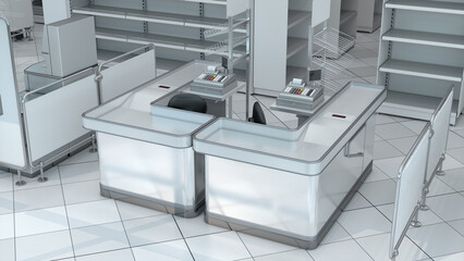 Supermarket cash registers, retail shelves in the store interior. 3d illustration