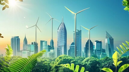 Futuristic Urban Landscape at Sunrise Featuring Renewable Energy with Skyline and Wind Turbines Amidst Lush Greenery