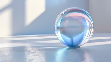 A clear ball is sitting on a white floor