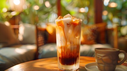 A tall glass of cold ice coffee with cream on top and brown liquid underneath, sitting on a table in front of an out of focus living room with soft lighting