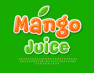 Naklejka premium Vector creative logo Mango juice. Playful handwritten Font. Funny Gloss Alphabet Letters and Numbers set