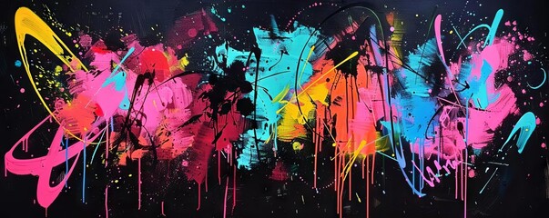 Random splatters of neon colors overlaid with jagged brushstrokes, resulting in an edgy, graffitiinspired style