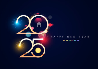 Happy New 2025 Year poster template with bokeh light effects. New Year gold number. Calendar design.