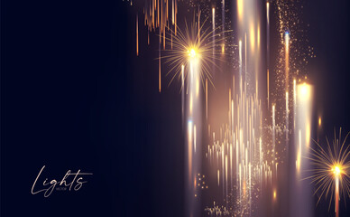 Shining fireworks. Gold holiday transparent light effect.