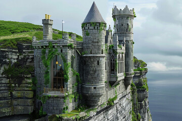 Modern Irish castle with advanced holographic technology and green living solutions.