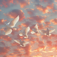 A group of doves flying in the sky