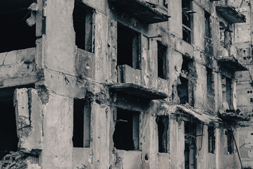 destroyed and burned houses in the city during the war in Ukraine
