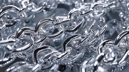 Silver chains arranged in loops and spirals on a reflective surface, creating a maze of metallic shimmer