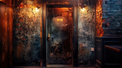 Vintage speakeasy entrance with a password-protected door and dim lighting