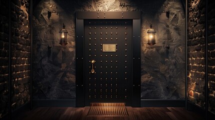 Vintage speakeasy entrance with a password-protected door and dim lighting