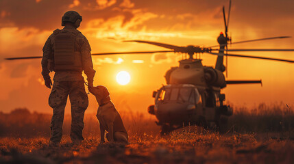 Military dog being greeted post-mission by helicopter pilot, emotional, warm sunset lighting, side shot