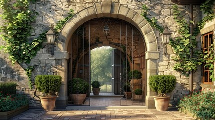Tuscan entrance with a stone archway and a wrought-iron lantern