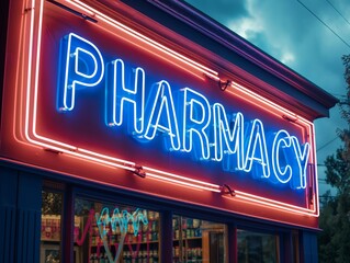 Bright neon sign with the word Pharmacy lit up in blue against a dusk sky, showcasing urban nightlife ambiance.