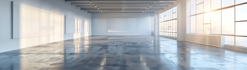 Obraz premium Bright and Spacious Modern Art Gallery with Polished Concrete Floor and Empty White Walls for Art Exhibitions and Displays