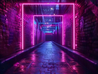 Neon Lit Alley with Gritty Urban Backdrop Ideal for Fashion or Music Products