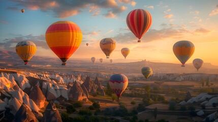 Obraz premium Hot Air Balloons Soaring Over Cappadocia s Stunning Geological Formations During Breathtaking Sunrise