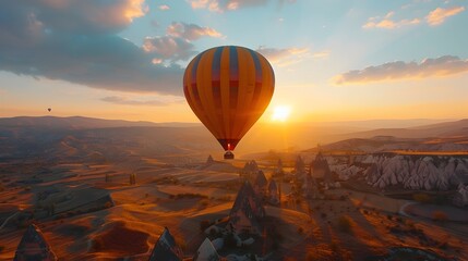 Stunning aerial view of hot air balloons soaring over the enchanting rock formations in Cappadocia Turkey at dawn