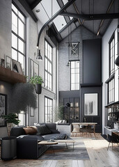 Fototapeta premium Interior studio with high ceilings, loft style, illustration generated by Ai