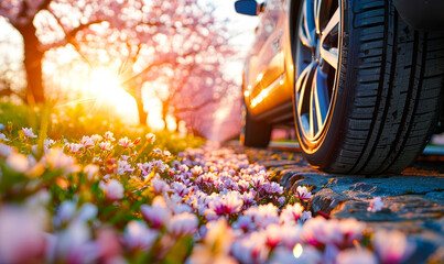 Changing Car Tires Outside on Sunny Spring Day - Summer Tire Swap, Seasonal Automotive Service, Tire Rotation