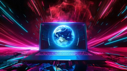 Futuristic Laptop Displaying Vibrant Globe with Dynamic Lights