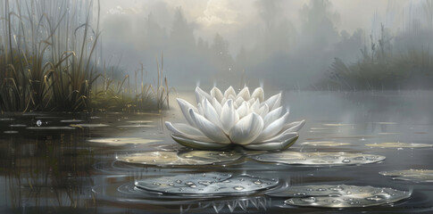water lilies on a misty lake, used as background