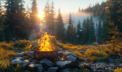 A campfire burns in a clearing in the forest
