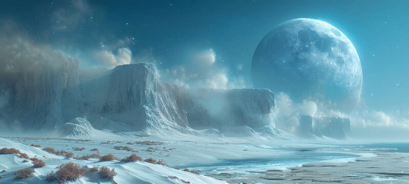 A tranquil, snowy landscape under a starry sky with towering cliffs and a large moon in the background.