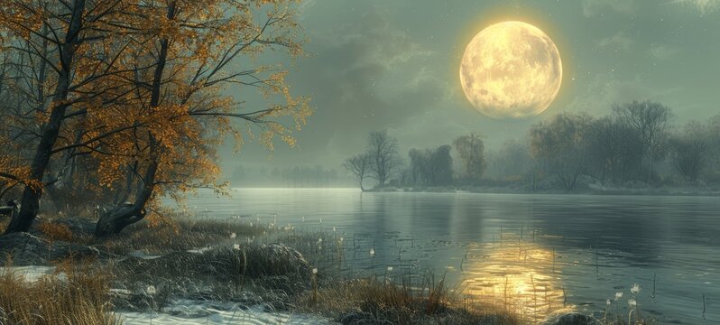 A serene nocturnal landscape with a full moon illuminating a river, flanked by autumn trees and frost-covered grass.