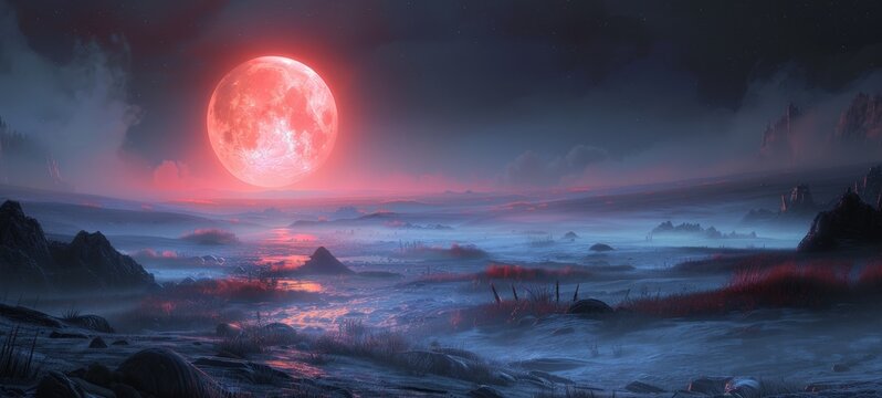 A serene landscape at twilight with a large red moon dominating the sky, casting a soft glow over misty fields and distant mountains.