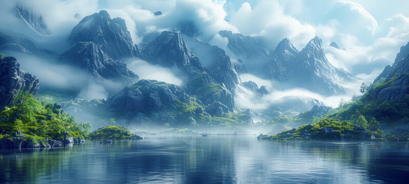 Majestic mountain landscape with misty peaks, lush greenery, and a tranquil lake reflecting the serene scenery.