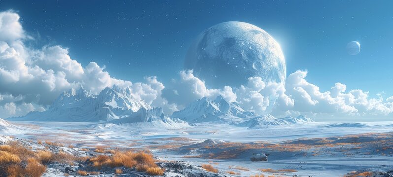 Vast snowy landscape with towering mountains under a clear blue sky, featuring an oversized moon dominating the horizon.