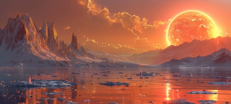 A vast icy landscape with a large, glowing red planet rising above the horizon, reflecting on the water amidst floating icebergs under a twilight sky.