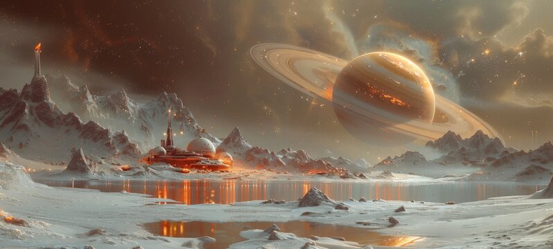 A sci-fi landscape with a large ringed planet on the horizon, reflecting on water, with futuristic structures and mountains under a starry sky.