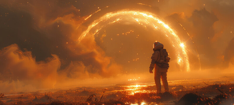 Astronaut standing on an alien planet observing a massive, fiery planet in the sky amidst clouds and glowing terrain.